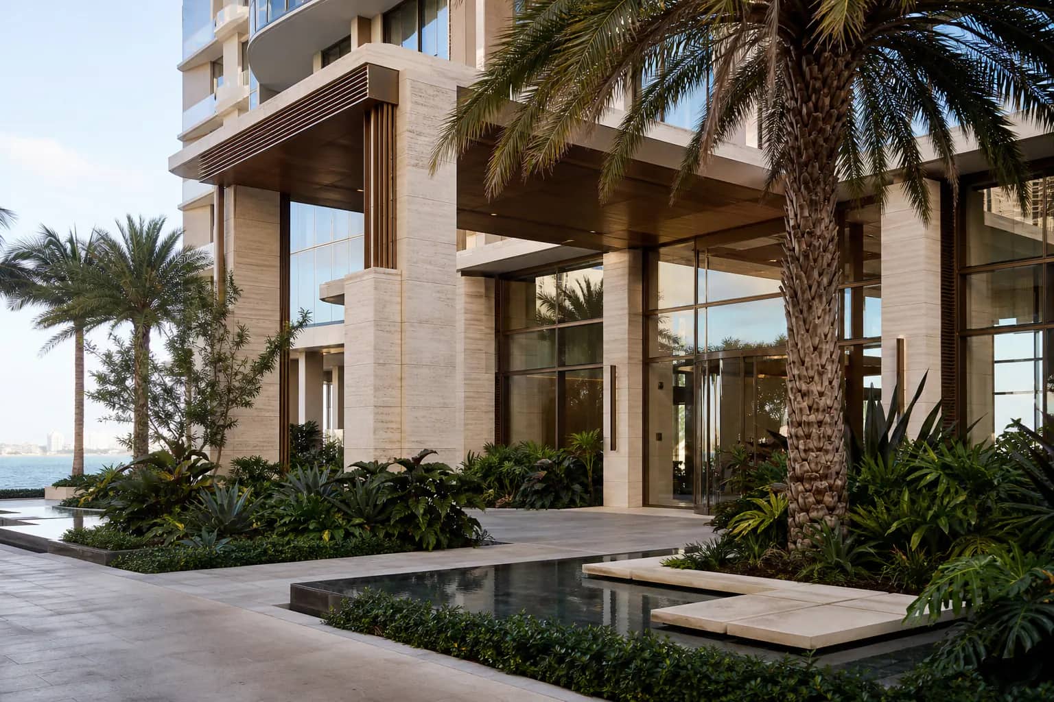 Landscaped arrival at a Miami residential tower