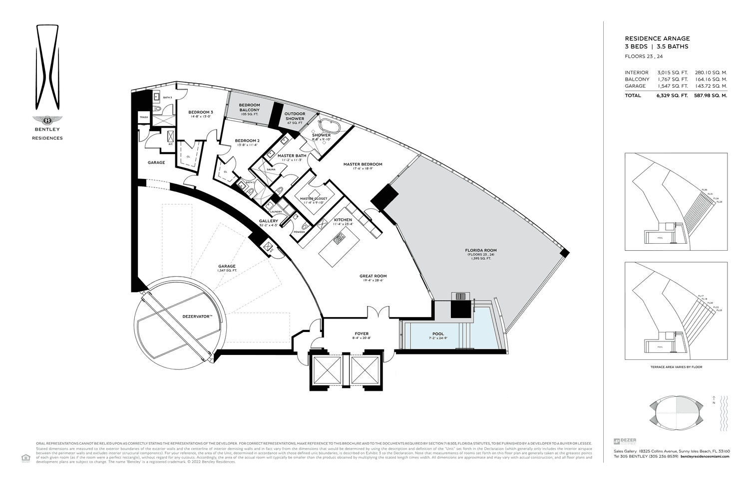 Bentley Residences — Residence Arnage · 3 Bedrooms, 3.5 Bathrooms · 6,729 sq ft total (Floors 13–26)