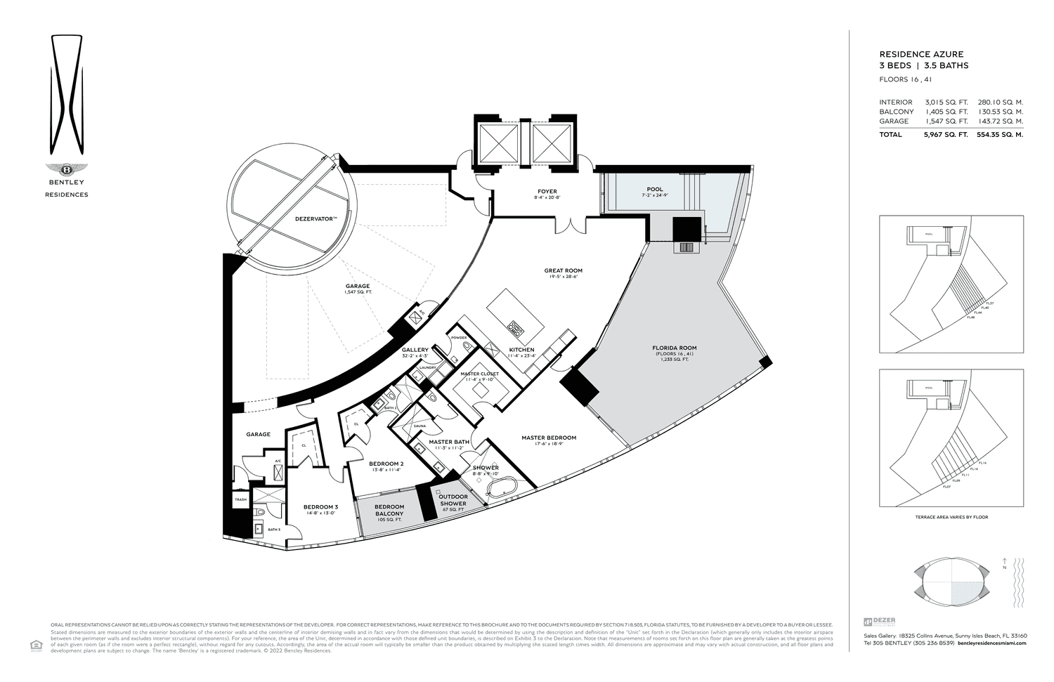Bentley Residences — Residence Azure · 3 Bedrooms, 3.5 Bathrooms · 4,575 sq ft total (Floors 14–61)