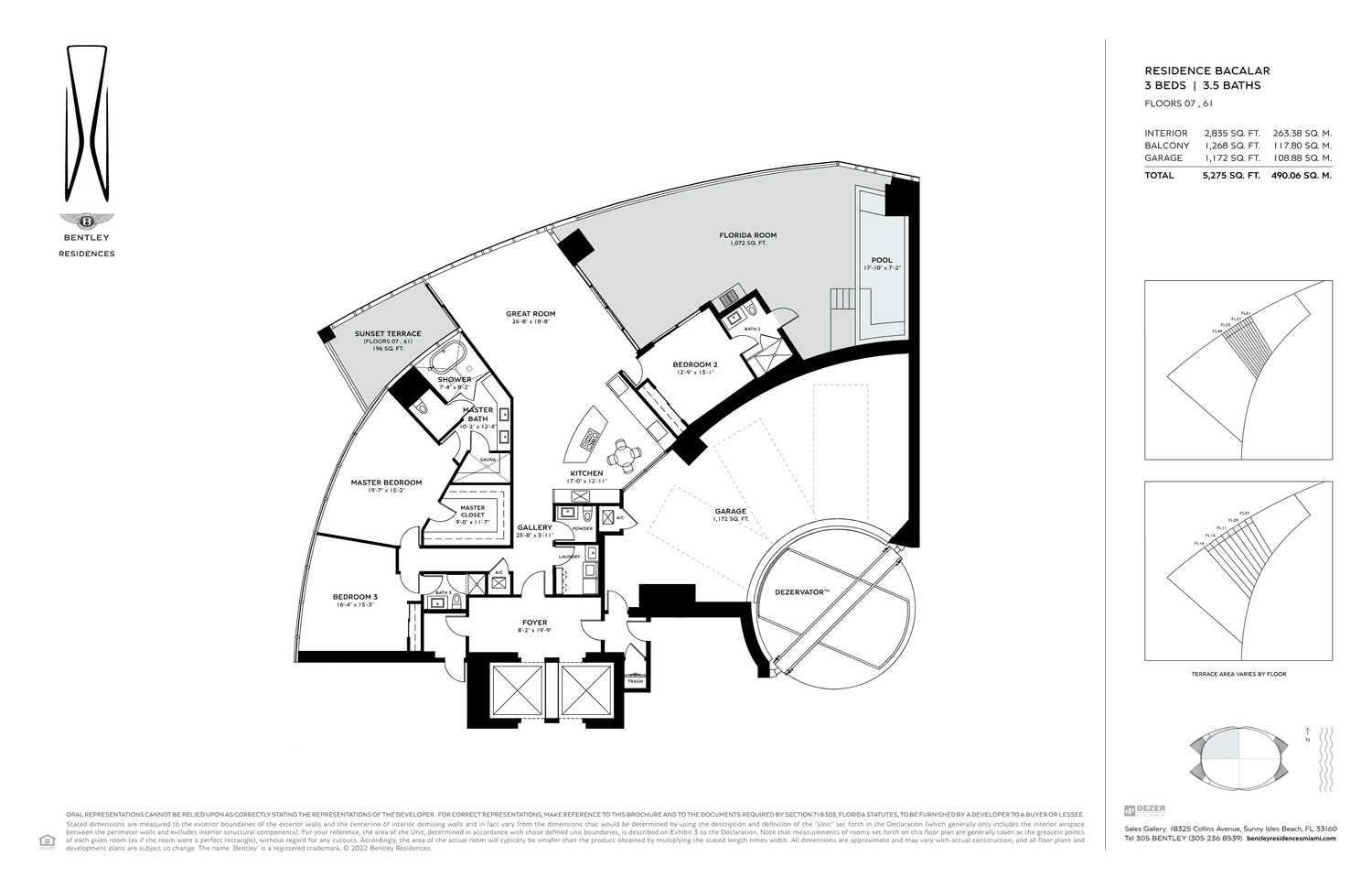 Bentley Residences — Residence Bacalar · 3 Bedrooms, 3.5 Bathrooms · 5,279 sq ft total (Floors 27–61)