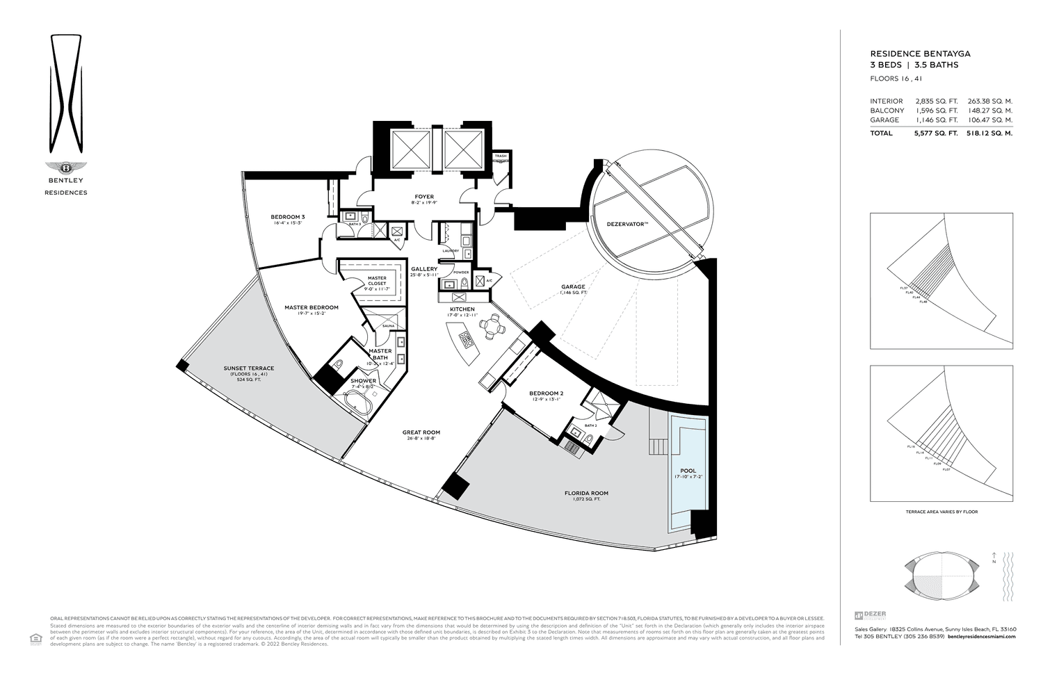 Bentley Residences — Residence Bentayga · 3 Bedrooms, 3.5 Bathrooms · 5,177 sq ft total (Floors 14–61)