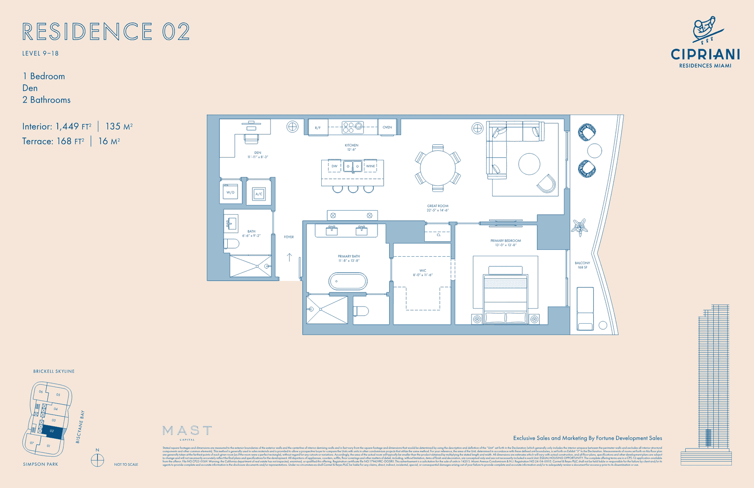 Cipriani Residences — Residence 02 · 1 Bedroom + Den, 2 Bathrooms · 1,449 sq ft interior (Levels 9–18)
