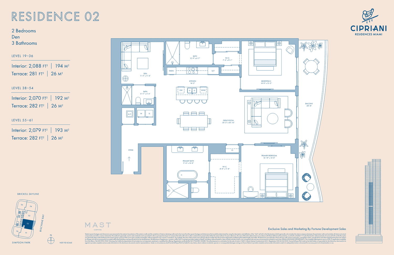 Cipriani Residences — Residence 02 · 2 Bedrooms + Den, 3 Bathrooms · 2,088 sq ft interior (Levels 19–61)