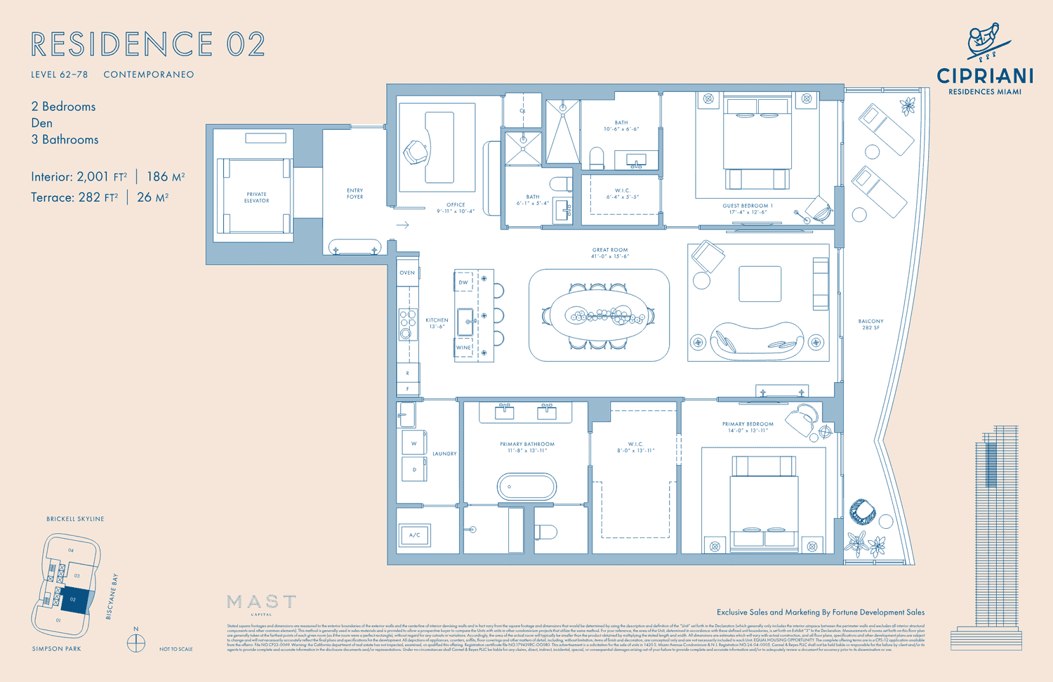 Cipriani Residences — Residence 02 Contemporaneo · 2 Bedrooms + Den, 3 Bathrooms · 2,001 sq ft interior (Levels 62–78)
