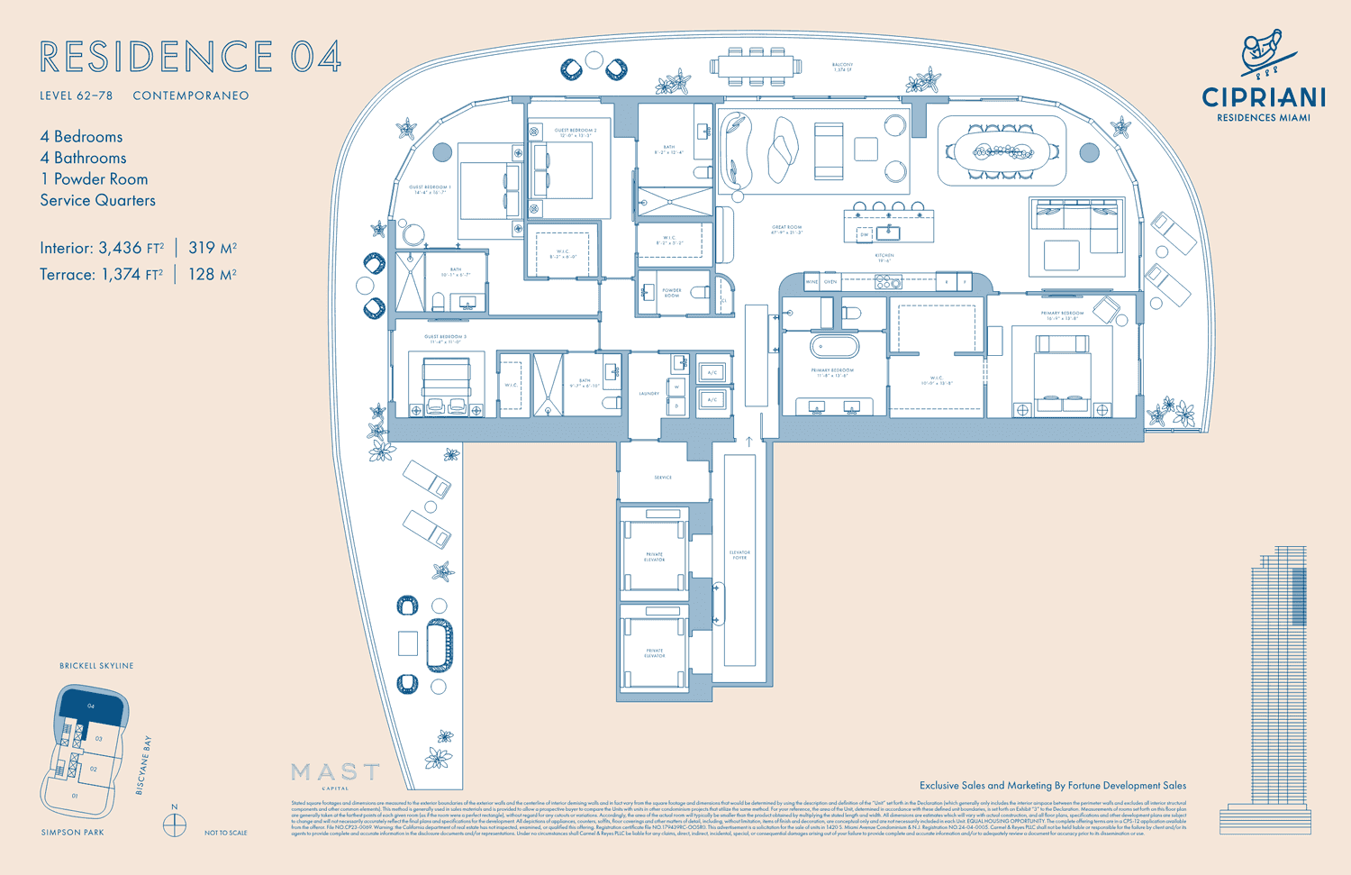 Cipriani Residences — Residence 04 Contemporaneo · 4 Bedrooms, 4 Bathrooms + Powder · Service Quarters · 3,436 sq ft interior (Levels 62–78)
