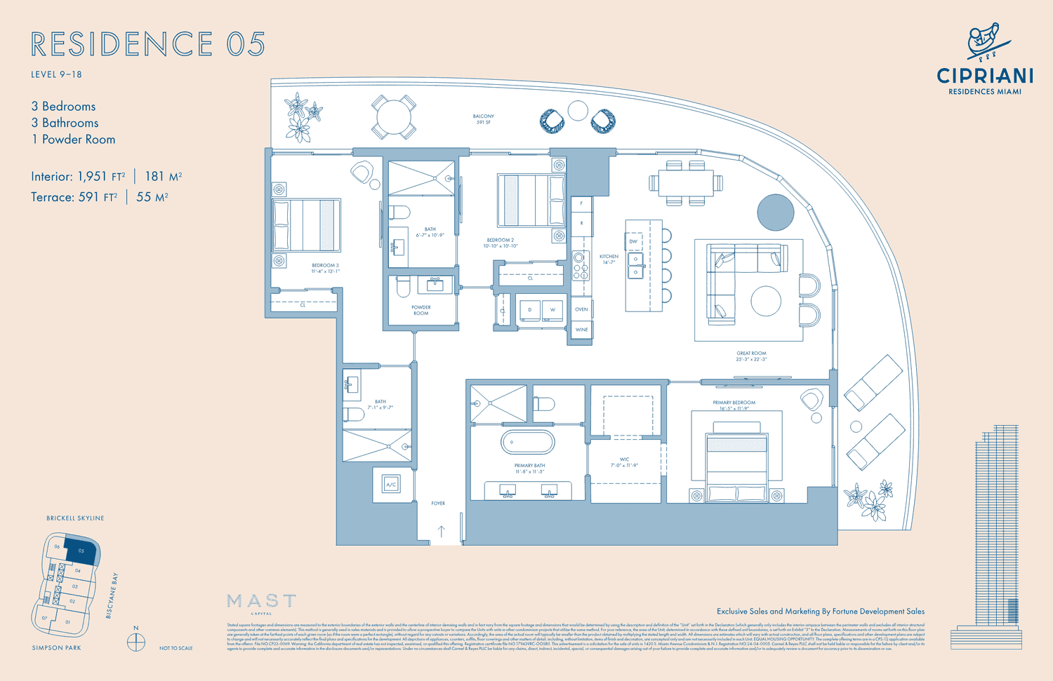 Cipriani Residences — Residence 05 · 3 Bedrooms, 3 Bathrooms + Powder · 1,951 sq ft interior (Levels 9–18)