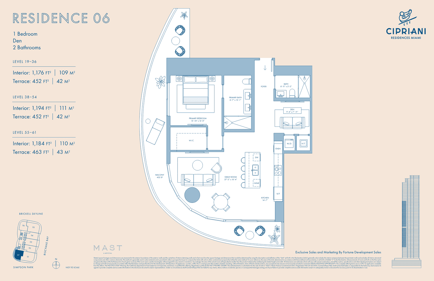 Cipriani Residences — Residence 06 · 1 Bedroom + Den, 2 Bathrooms · 1,176 sq ft interior (Levels 19–36)