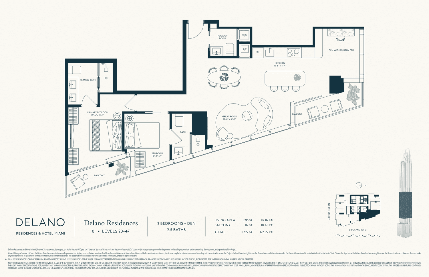 DELANO Residences — Collection · Line 01 · Lvls 20–47 — 2 Bedrooms + Den, 2.5 Baths · 1,215 SF living (113 m²) · 1,327 SF total