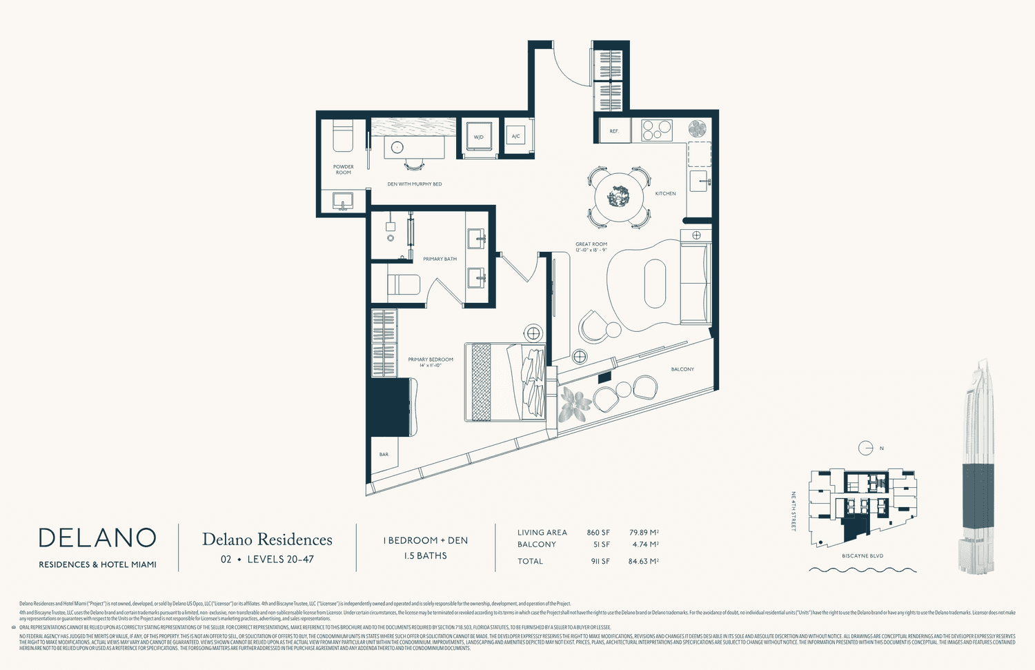 DELANO Residences — Collection · Line 02 · Lvls 20–47 — 1 Bedroom + Den, 1.5 Baths · 860 SF living (80 m²) · 911 SF total