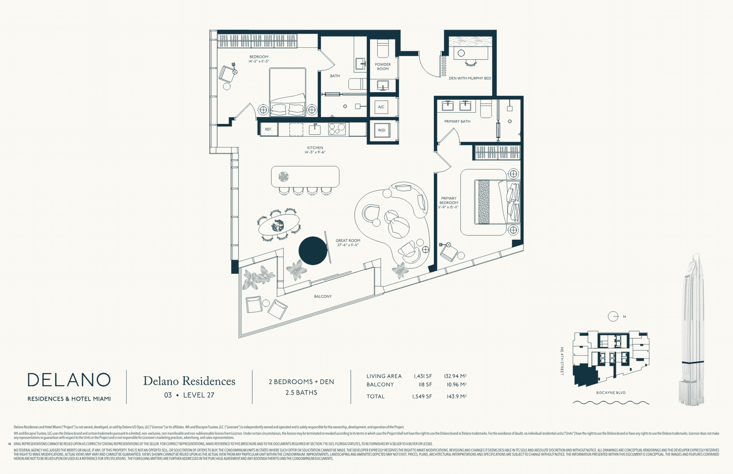DELANO Residences — Collection · Line 03 · Lvl 27 — 2 Bedrooms + Den, 2.5 Baths · 1,431 SF living (133 m²) · 1,549 SF total