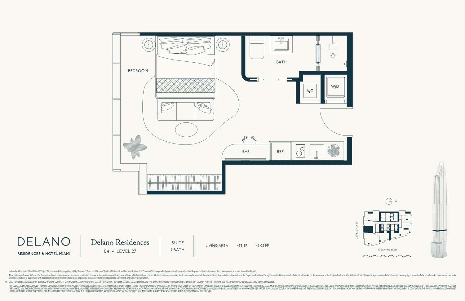 DELANO Residences — Collection · Line 04 · Lvl 27 — Suite, 1 Bath · 453 SF living (42 m²)