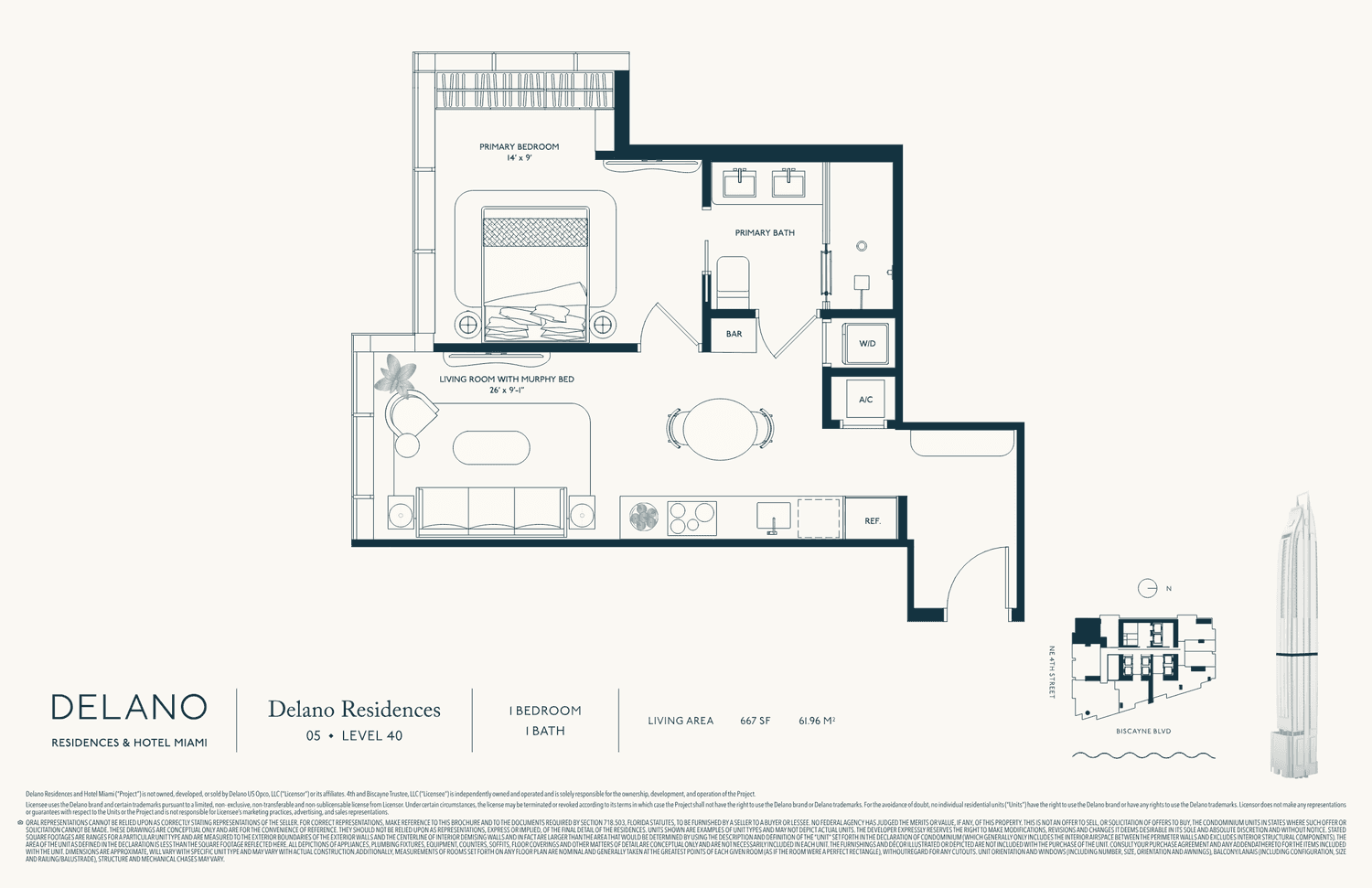DELANO Residences — Collection · Line 05 · Lvl 40 — 1 Bedroom, 1 Bath · 667 SF living (62 m²)