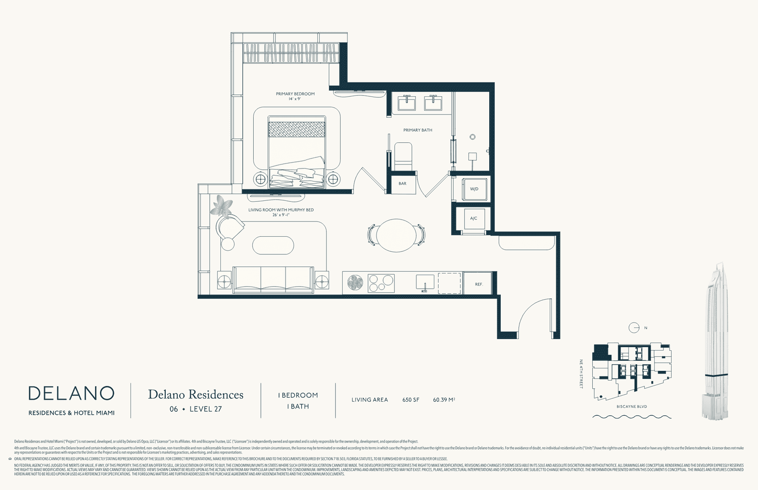 DELANO Residences — Collection · Line 06 · Lvl 27 — 1 Bedroom, 1 Bath · 650 SF living (60 m²)