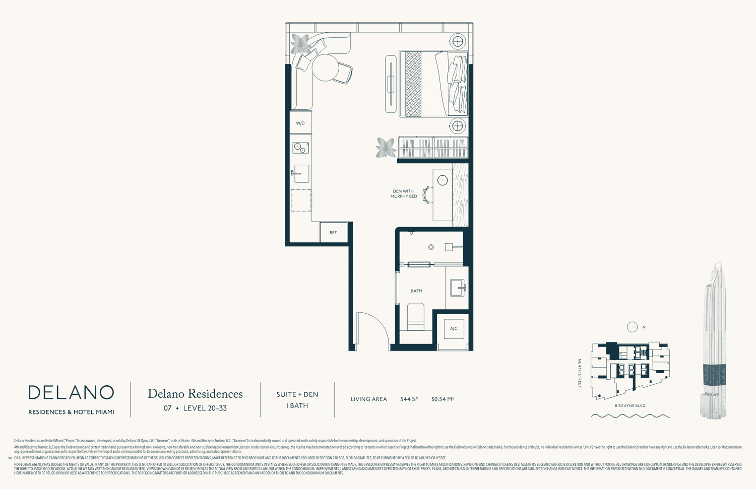 DELANO Residences — Collection · Line 07 · Lvls 20–33 — Suite + Den, 1 Bath · 544 SF living (51 m²)