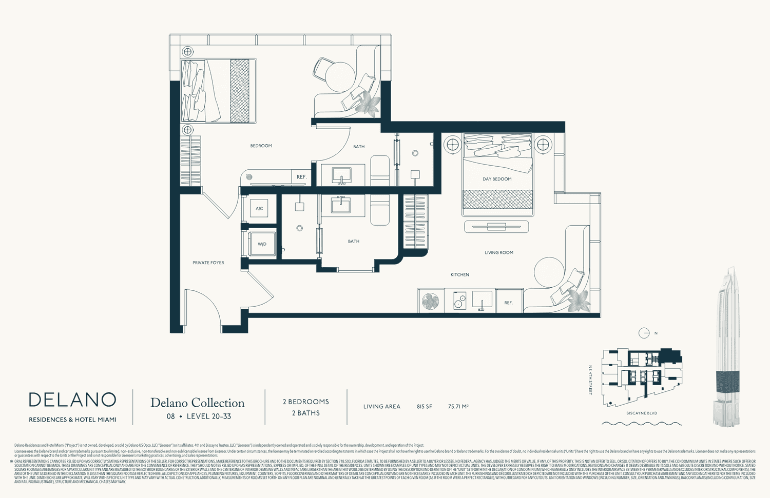 DELANO Residences — Collection · Line 08 · Lvls 20–33 — 2 Bedrooms, 2 Baths · 815 SF living (76 m²)