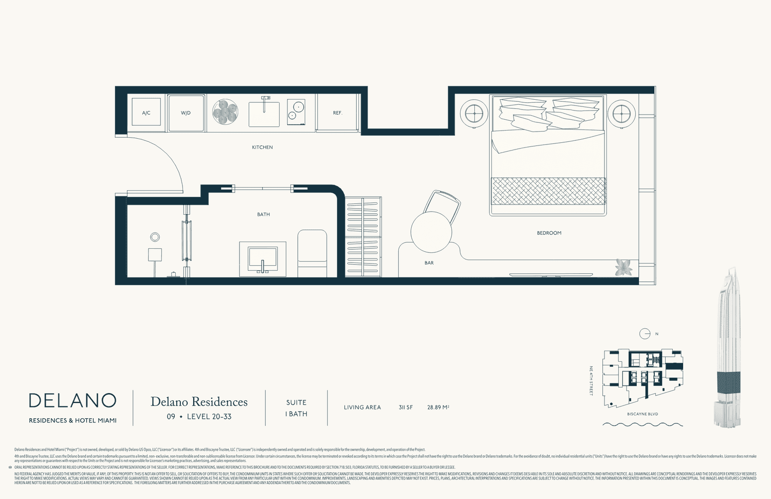 DELANO Residences — Collection · Line 09 · Lvls 20–33 — Suite, 1 Bath · 311 SF living (29 m²)