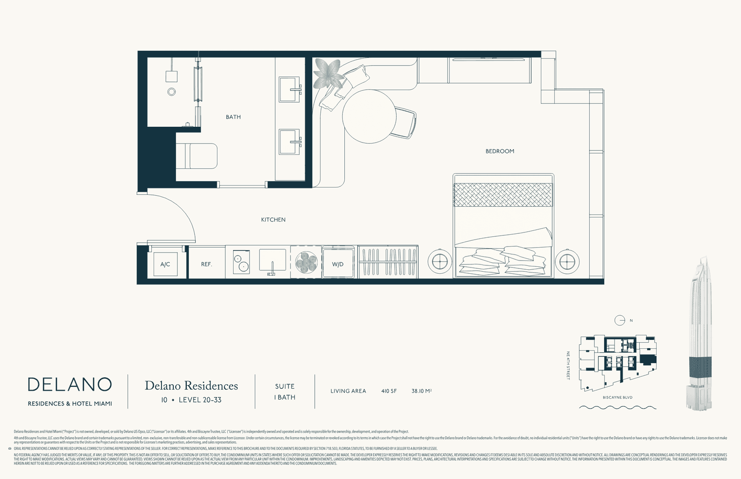 DELANO Residences — Collection · Line 10 · Lvls 20–33 — Suite, 1 Bath · 410 SF living (38 m²)