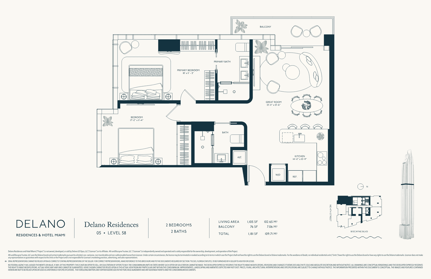 DELANO Residences — Residences · Line 05 · Lvl 58 — 2 Bedrooms, 2 Baths · 1,105 SF living (103 m²) · 1,181 SF total