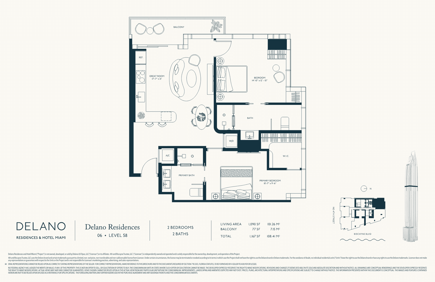 DELANO Residences — Residences · Line 06 · Lvl 58 — 2 Bedrooms, 2 Baths · 1,090 SF living (101 m²) · 1,167 SF total