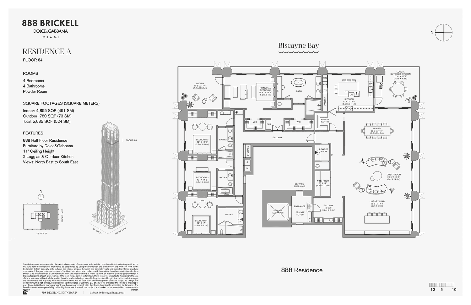 Dolce & Gabbana Residences — Residence A · 4 Bedrooms, 4 Bathrooms + Powder · full-floor · 5,935 sq ft total (Floor 84)