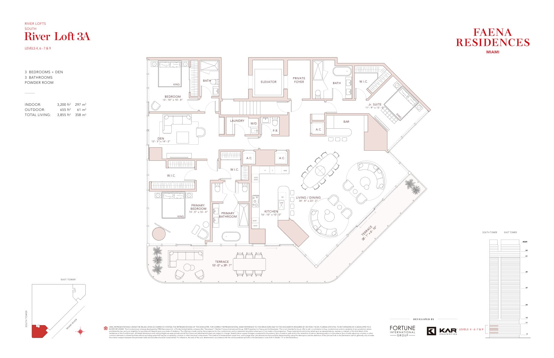 FAENA Residences Brickell — River Loft 3A · 3 Bedrooms + Den, 3 Bathrooms · 3,855 sq ft total living