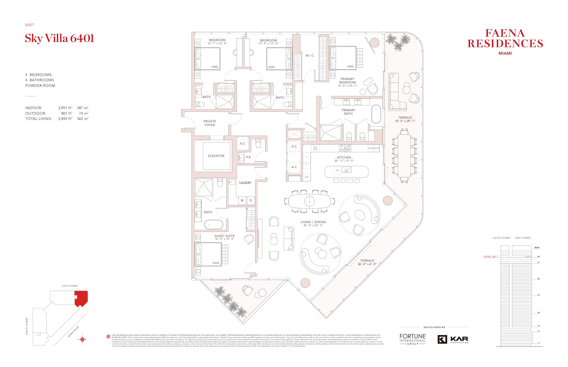 FAENA Residences Brickell — Sky Villa 6401 · 4 Bedrooms, 4 Bathrooms · 3,892 sq ft total living