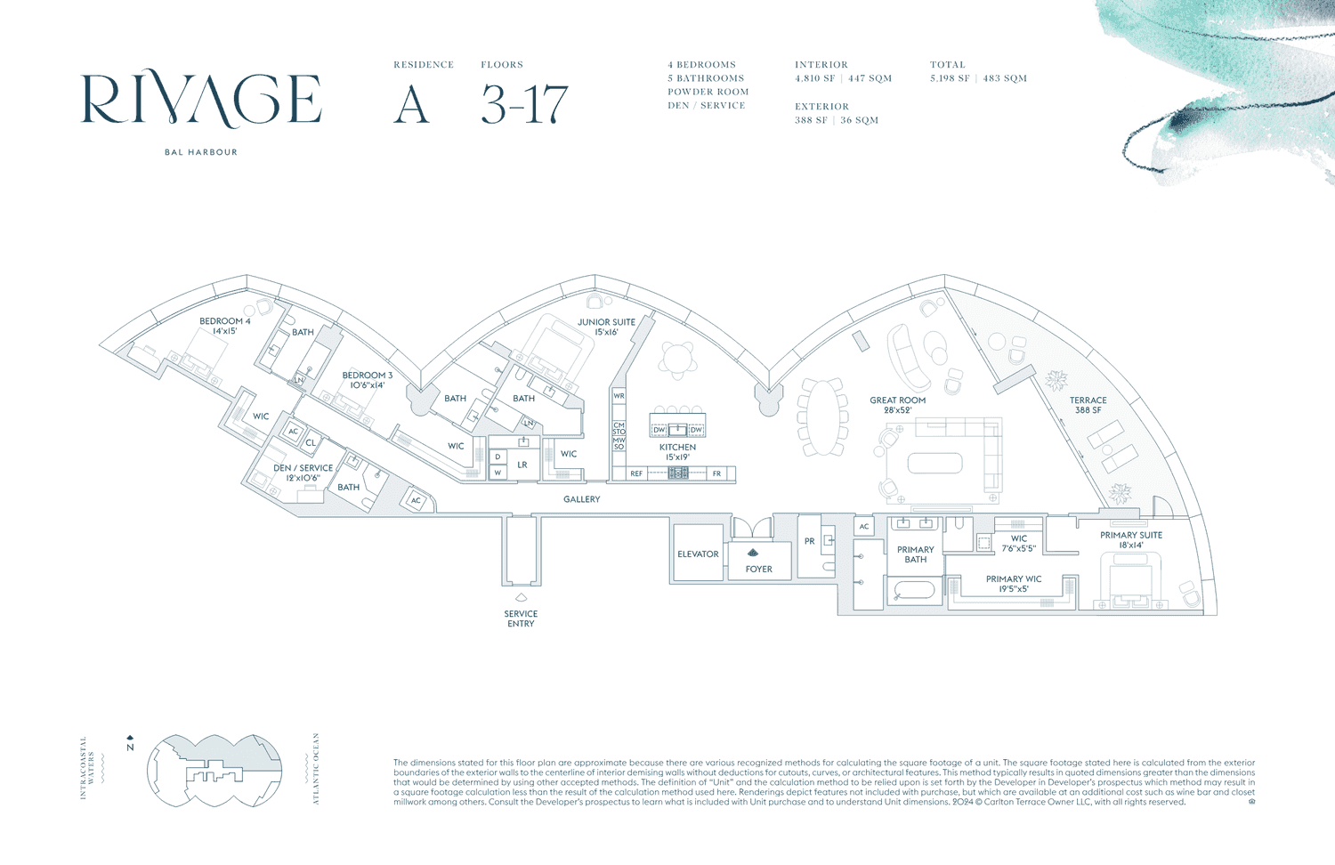 Rivage Residences — Residence A · 4 Bedrooms, 5 Bathrooms + Powder · Den + Service · 4,824 sq ft interior (Floors 3–17)