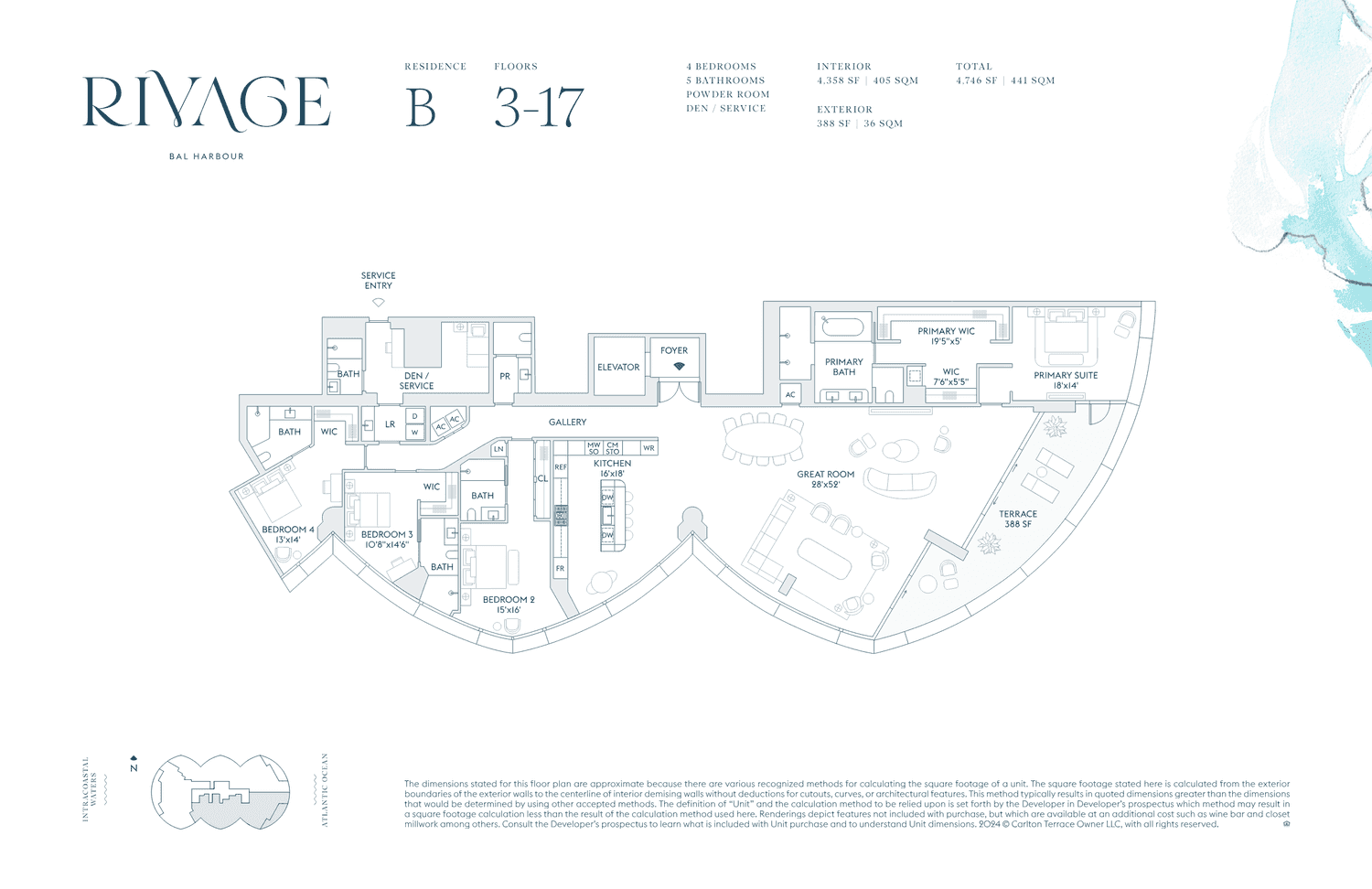 Rivage Residences — Residence B · 4 Bedrooms, 5 Bathrooms + Powder · Den + Service · 4,378 sq ft interior (Floors 3–17)
