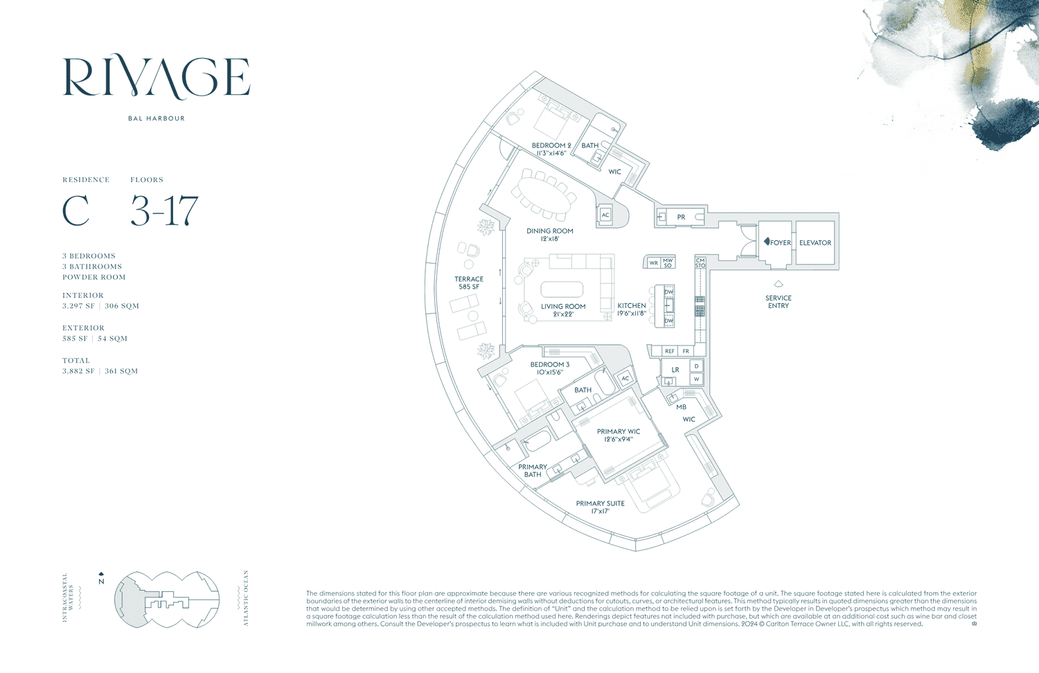 Rivage Residences — Residence C · 3 Bedrooms, 3 Bathrooms + Powder · 3,297 sq ft interior (Floors 3–17)