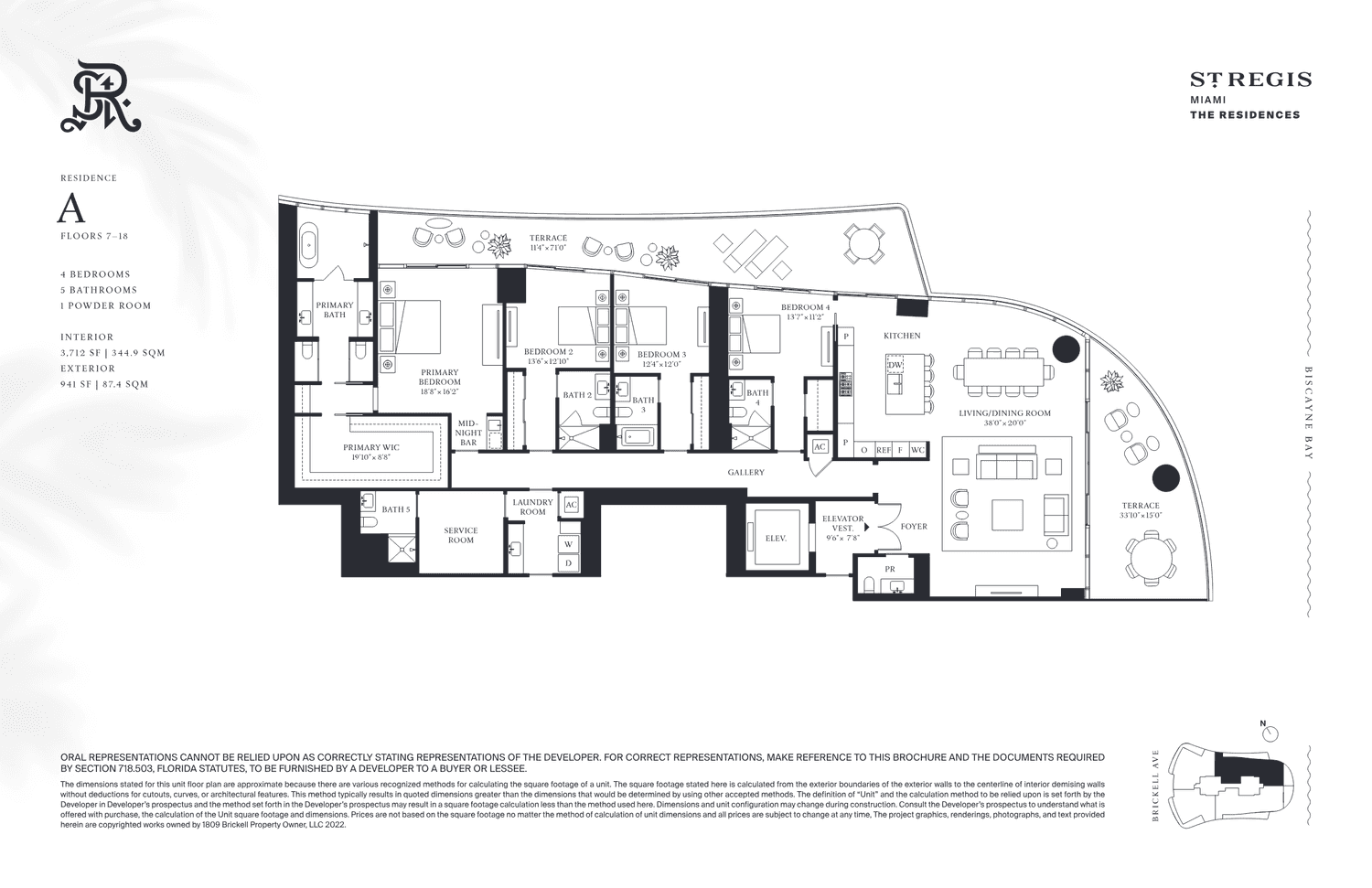 The St. Regis Residences, Brickell — Residence A · 4 Bedrooms, 3 Bathrooms + Powder · 2,772 sq ft interior (Floors 7–18)