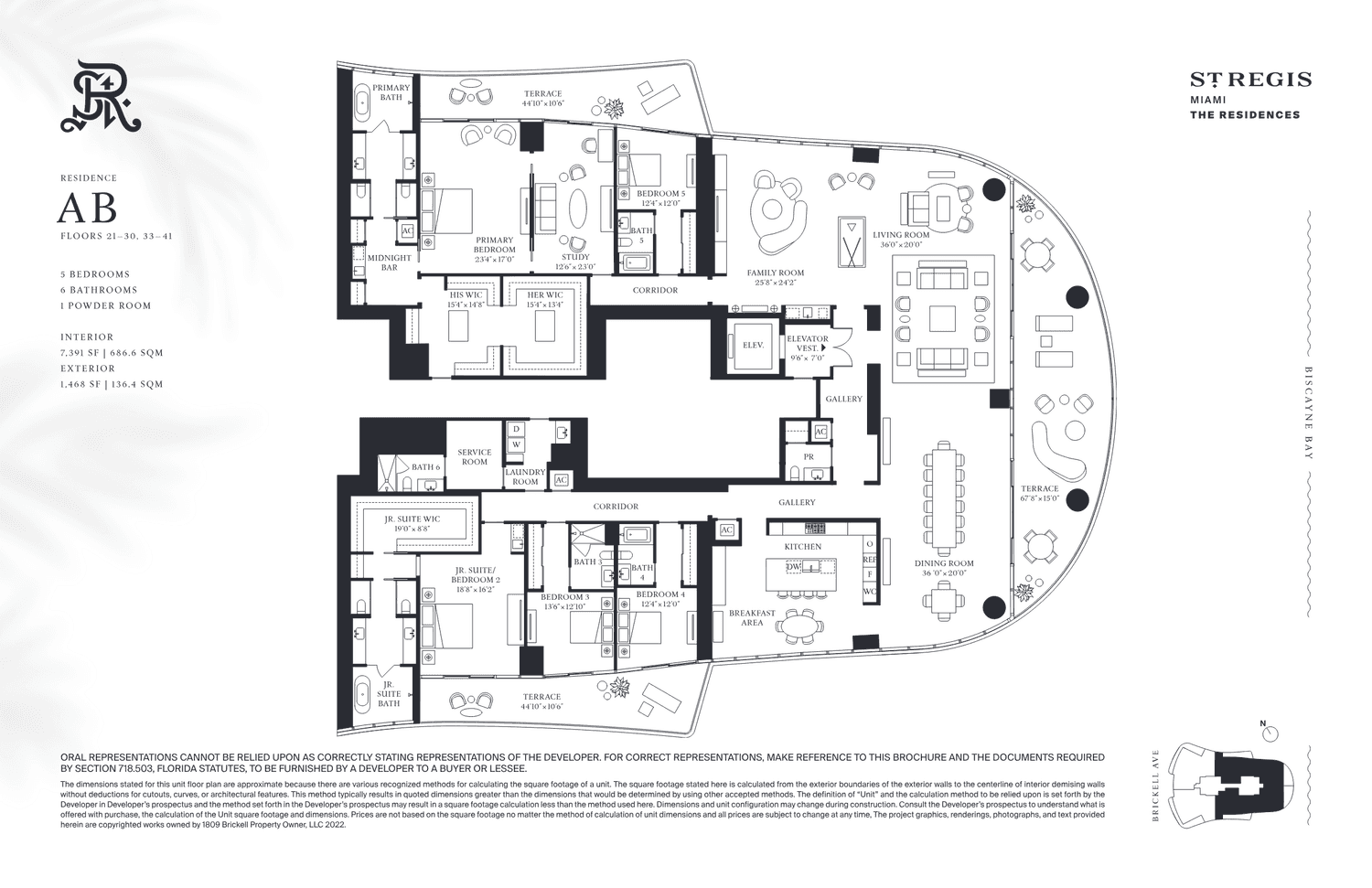 The St. Regis Residences, Brickell — Residence AB · 5 Bedrooms, 6 Bathrooms + Powder (Floors 21–36)