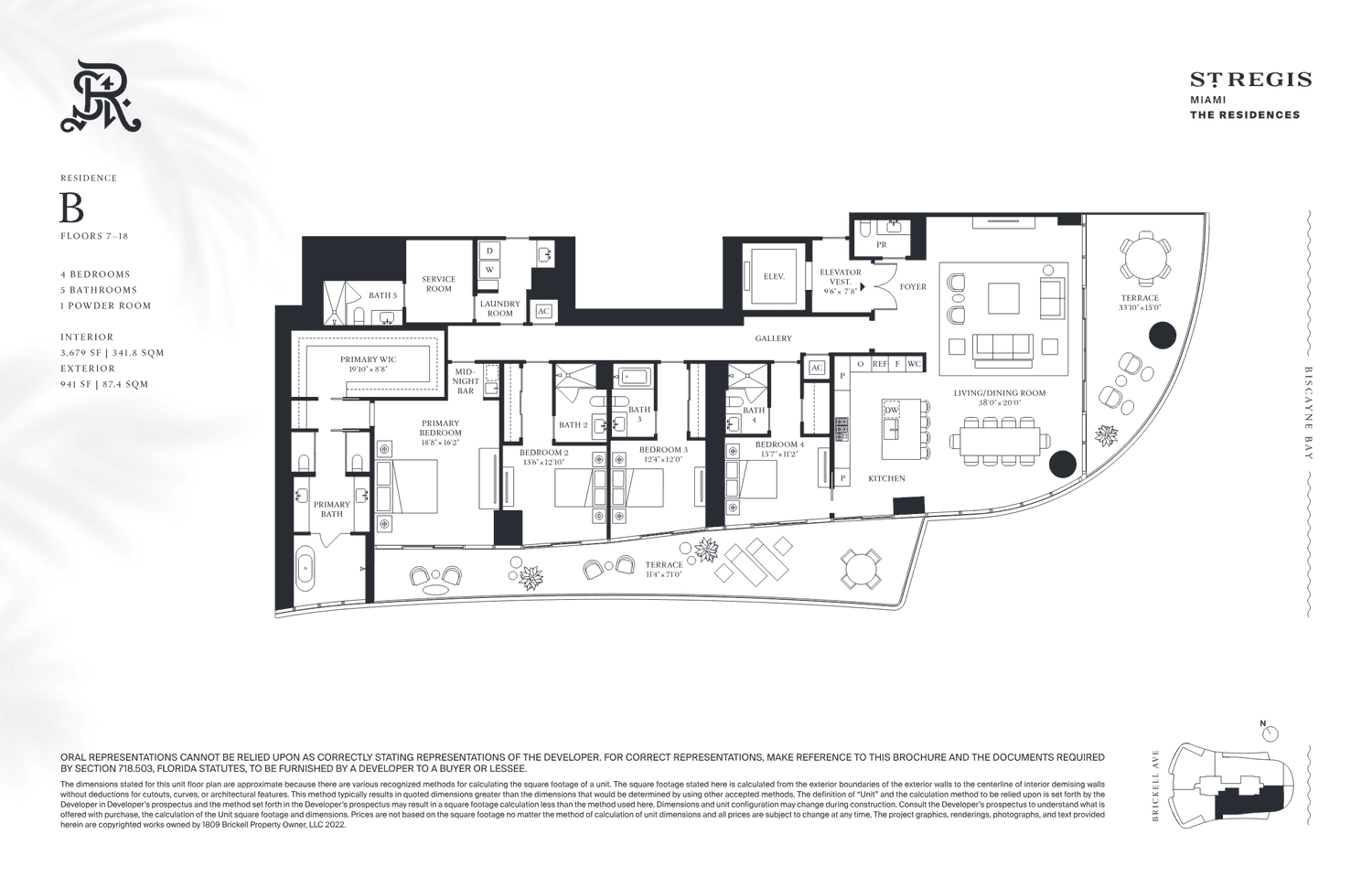 The St. Regis Residences, Brickell — Residence B · 4 Bedrooms, 5 Bathrooms + Powder · 3,479 sq ft interior (Floors 7–18)