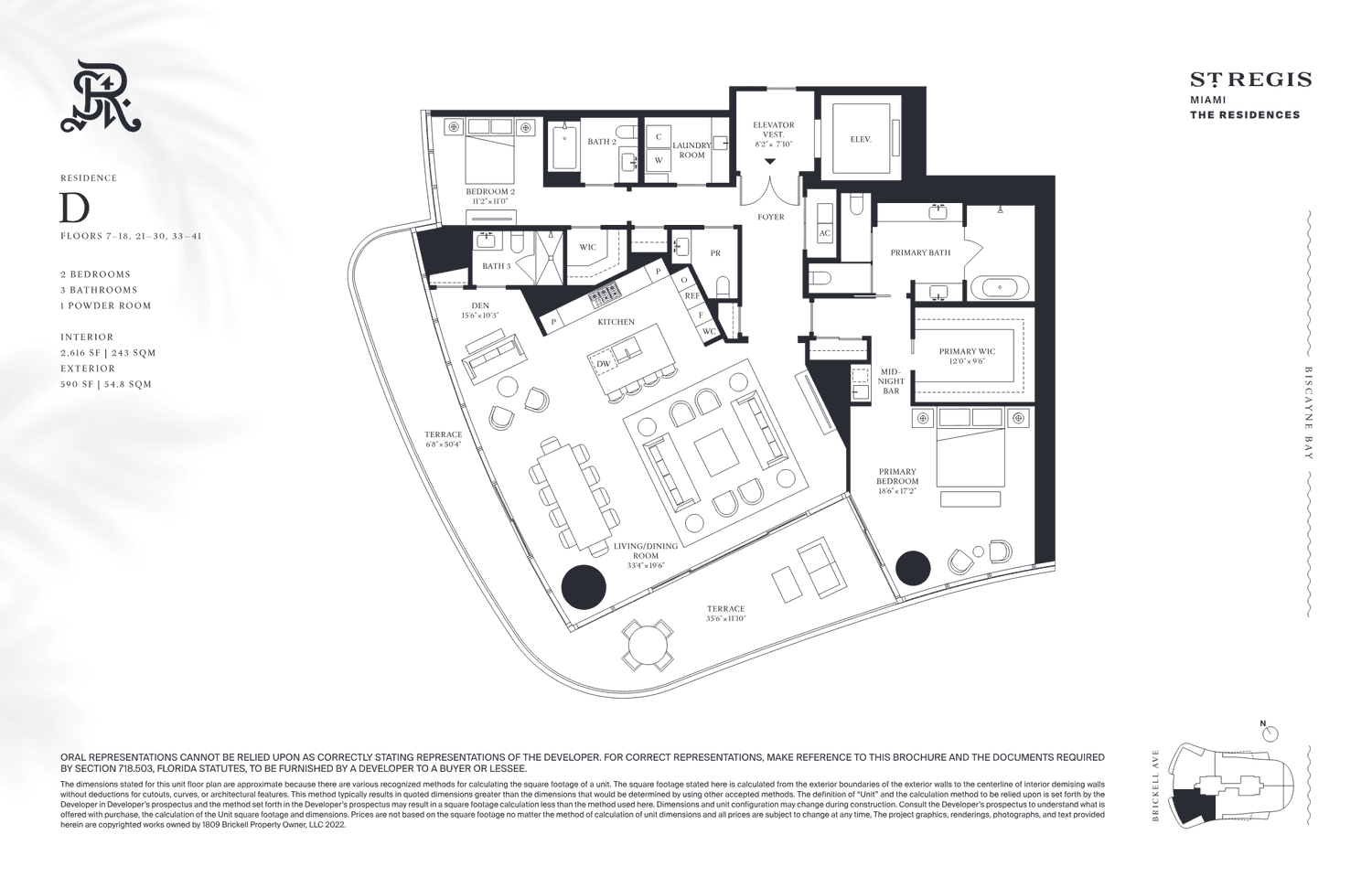 The St. Regis Residences, Brickell — Residence D · 3 Bedrooms, 3 Bathrooms + Powder (Floors 7–18)