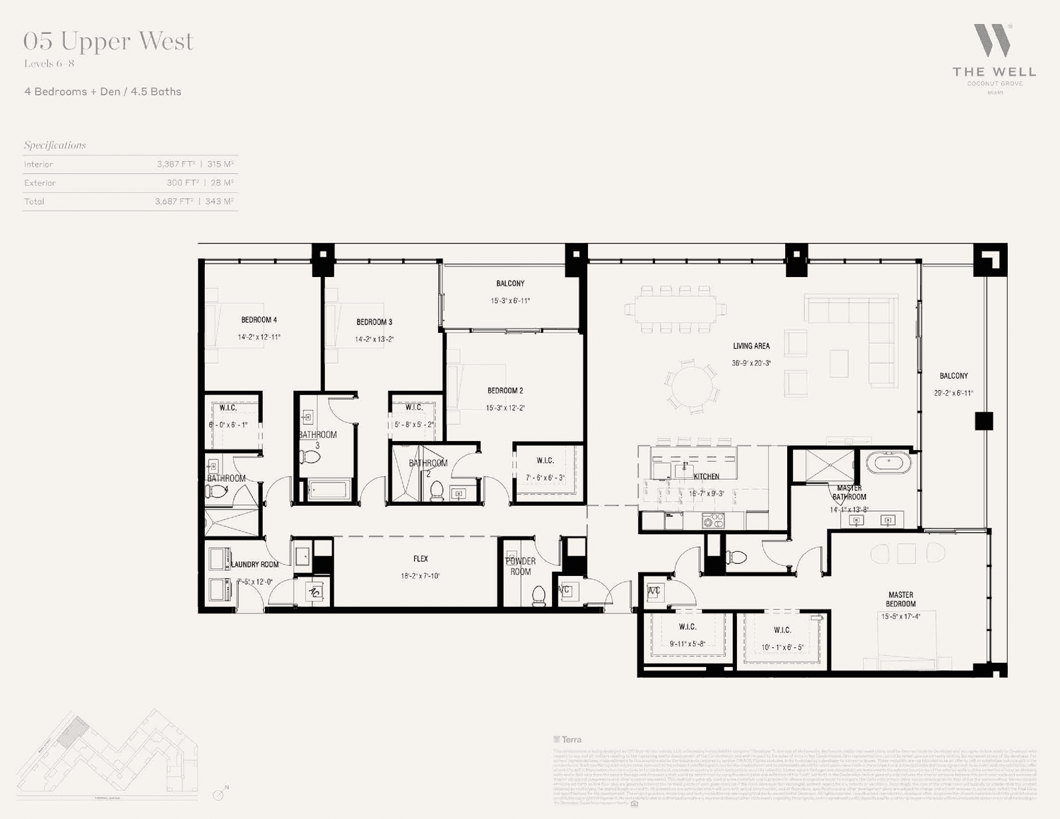 THE WELL Residences, Coconut Grove — Residence 05 Upper West — Levels 6–8 · 4 Bedrooms + Den, 4.5 Bathrooms