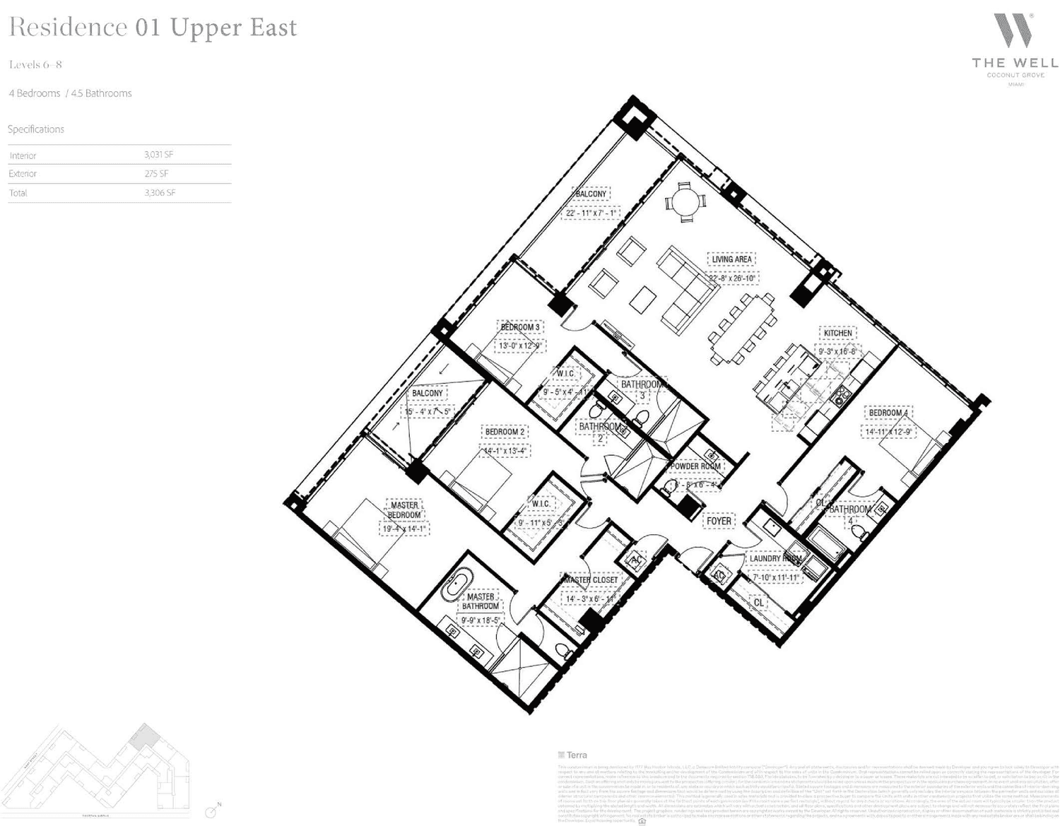 THE WELL Residences, Coconut Grove — Residence 01 Upper East — Levels 6–8 · 4 Bedrooms, 4.5 Bathrooms