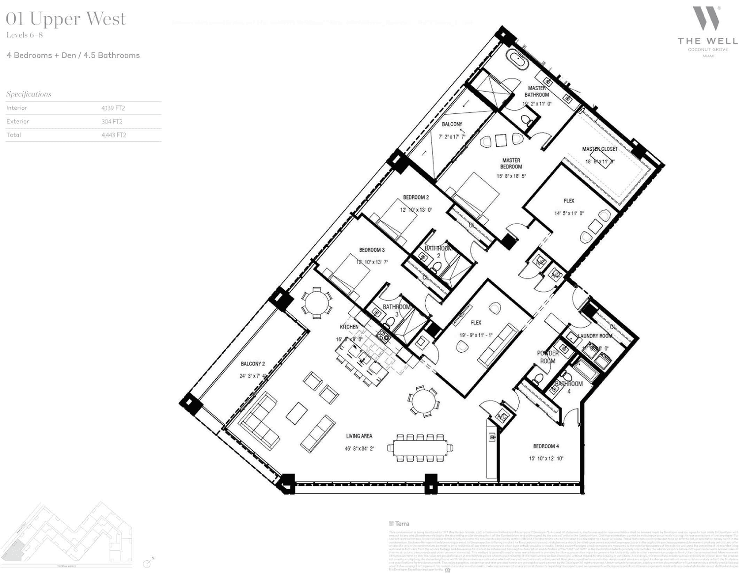 THE WELL Residences, Coconut Grove — Residence 01 Upper West — Levels 6–8 · 4 Bedrooms + Den, 4.5 Bathrooms