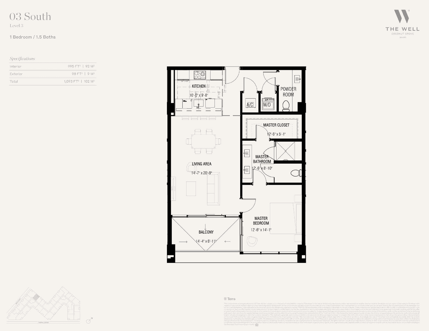 THE WELL Residences, Coconut Grove — Residence 03 South — Level 1 · 1 Bedroom, 1.5 Bathrooms