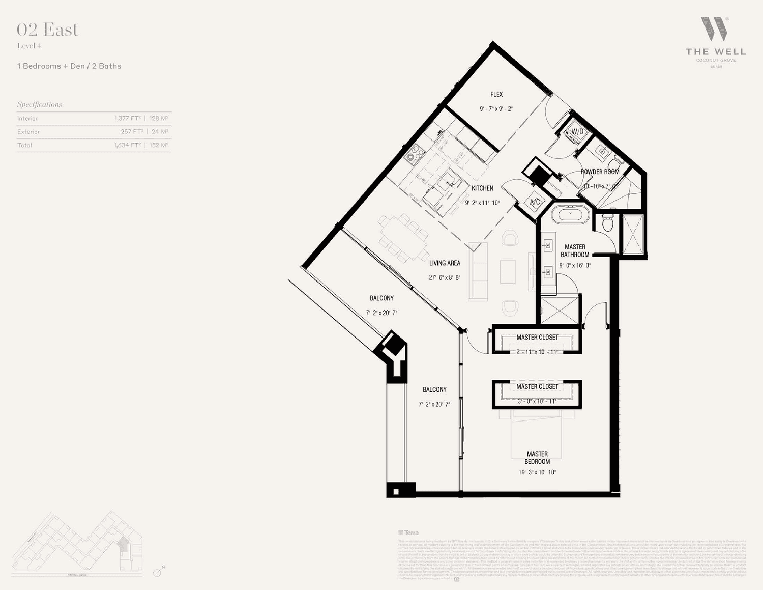 THE WELL Residences, Coconut Grove — Residence 02 East — Level 1 · 1 Bedroom + Den, 2 Bathrooms