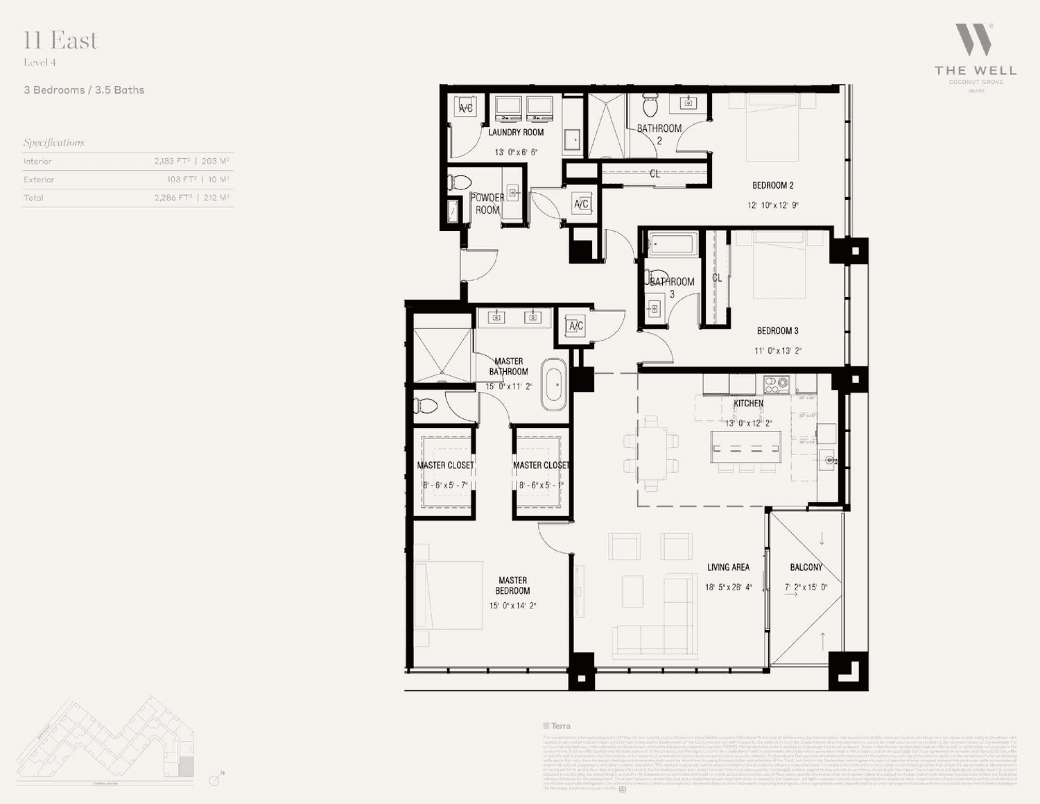 THE WELL Residences, Coconut Grove — Residence 11 East — Level 1 · 3 Bedrooms, 3.5 Bathrooms