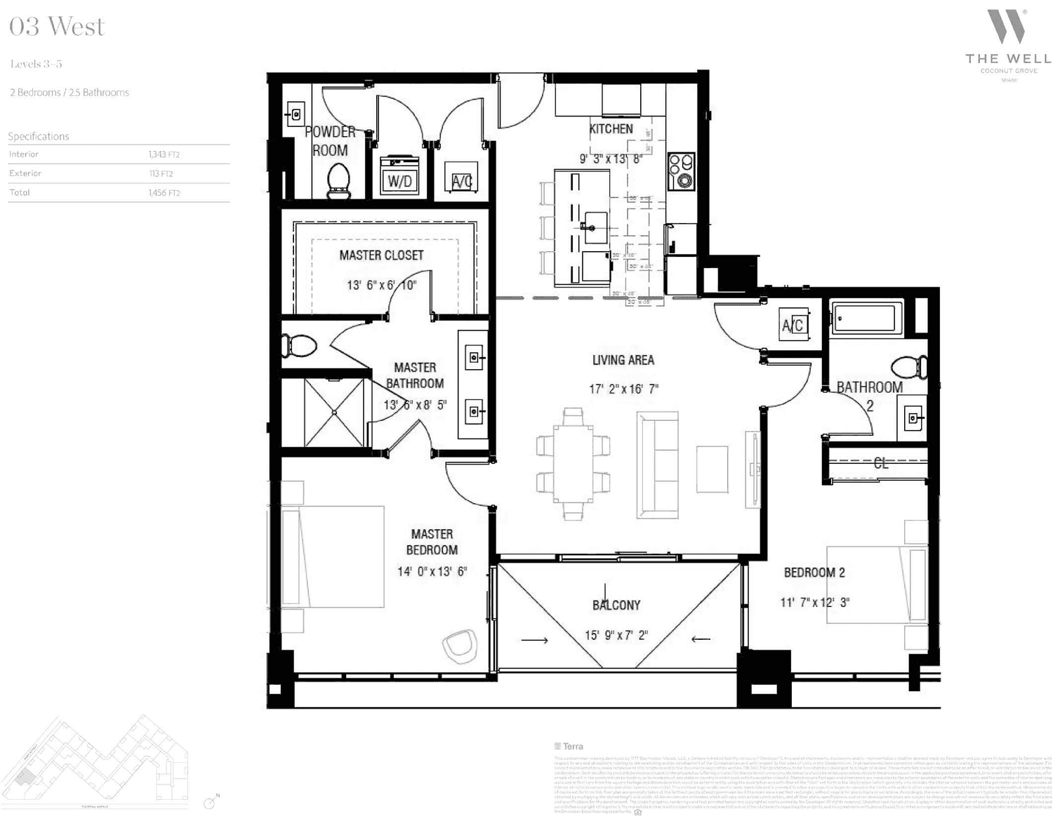 THE WELL Residences, Coconut Grove — Residence 03 West — Levels 2–3 · 2 Bedrooms, 3 Bathrooms