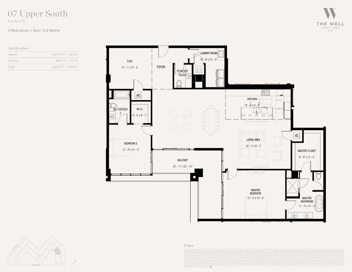 THE WELL Residences, Coconut Grove — Residence 07 Upper South — Levels 6–8 · 2 Bedrooms + Den, 2.5 Bathrooms