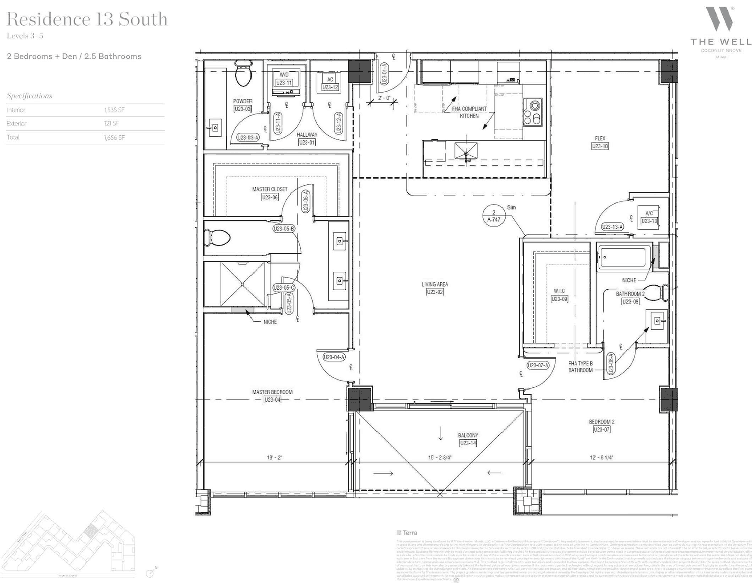 THE WELL Residences, Coconut Grove — Residence 13 South — Levels 2–5 · 2 Bedrooms + Den, 2.5 Bathrooms